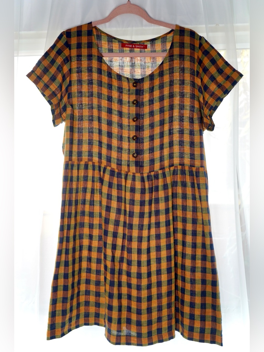 EUC Large Pyne & Smith Basque Check  No 10 100% Linen dress w/ waist tie